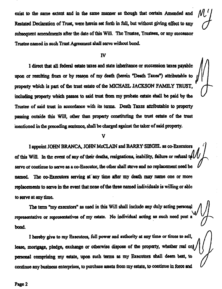 Michael Jackson's Last Will and Testament page 2