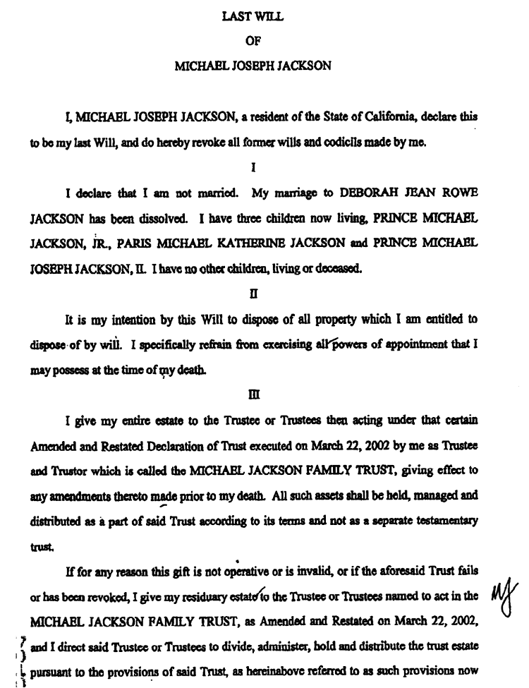 Michael Jackson's Last Will and Testament page 1