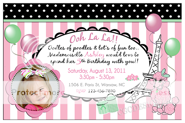 CUSTOM PINK POODLE IN PARIS BIRTHDAY PARTY INVITATIONS  