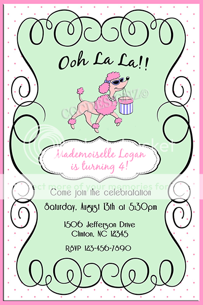CUSTOM PINK POODLE IN PARIS BIRTHDAY PARTY INVITATIONS  